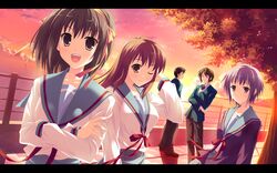  brown_eyes brown_hair crossed_arms hair_ribbon hinata_nao koizumi_itsuki kyon nagato_yuki open_mouth purple_hair ribbon school_uniform seifuku short_hair sunset suzumiya_haruhi suzumiya_haruhi_no_yuuutsu wallpaper wind wink 