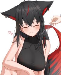  2girls absurdres ahoge animal_ear_fluff animal_ear_piercing animal_ears bare_shoulders black_hair braid closed_eyes crop_top crossed_bangs dark_persona double-parted_bangs extra_ears feeding food fox_ears fox_girl fruit hair_between_eyes hand_on_own_knee highres hololive jewelry kirimoya kurokami_fubuki long_hair low-tied_long_hair multiple_girls navel out_of_frame red_eyes red_streaks redhead shirakami_fubuki side_braid sidelocks simple_background single_braid sleeveless sleeveless_turtleneck smile strawberry turtleneck upper_body virtual_youtuber white_background 