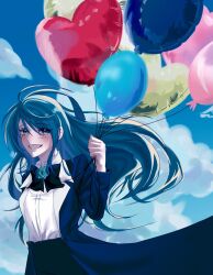  1girl ado_(utaite) black_bow black_bowtie blue_coat blue_eyes blue_flower blue_hair blue_rose bow bowtie chando_(ado) clouds coat collared_shirt commentary cumulonimbus_cloud dress_shirt flower flower_brooch hair_between_eyes long_hair long_sleeves mole mole_under_eye open_clothes open_coat open_mouth pero1024a rose shirt solo utaite white_shirt 