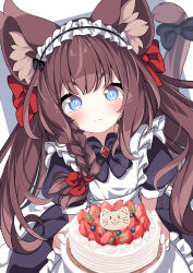  1girl :3 animal_ear_fluff animal_ears apron black_bow black_bowtie blue_eyes blueberry bow bowtie braid bright_pupils brown_hair cake cat_ears cat_girl cat_tail commission cowboy_shot cream daidai_ookami food fruit hair_bow highres holding holding_food light_blush long_hair looking_at_viewer maid maid_apron maid_headdress original red_bow short_sleeves skeb_commission smile solo strawberry tail tail_bow tail_ornament 