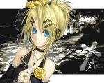  bad_id blonde_hair blue_eyes cross detached_sleeves flower hair_flower hair_ornament hairclip headphones headset jewelry kagamine_rin necklace rose serious short_hair solo ueno_tsuki vocaloid 
