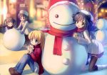  4girls :d artist_request black_hair blonde_hair blue_eyes character_request child eating happy leaning_forward open_mouth red_scarf scan scarf sitting smile snow snowman standing takoyaki_(artist) thigh-highs 