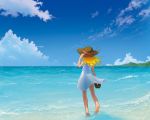  bare_foot beach blonde_hair sky straw_hat summer_dress 