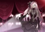  2_sing_4_u_(vocaloid) alternate_costume black_dress blue_eyes breasts cleavage curtains detached_sleeves dress gothic hair_ornament hair_over_one_eye hairband hijikini large_breasts long_hair megurine_luka necklace pink_hair portrait solo spotlight stockings thighhighs transparent vocaloid 