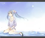  1girl :o aqua_hair blue_eyes female hair_bow hair_ornament hands_together hatsune_miku high_heels open_mouth skirt solo tagme thighhighs vocaloid water wet white_skirt 