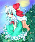  1girl blue_hair bow colored ex-keine fireflies grass highres horns kamishirasawa_keine long_hair looking_at_viewer mellpon moon red_eyes smile solo tail touhou 
