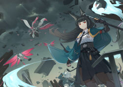  2girls absurdres animal_ears asymmetrical_gloves black_hair black_skirt blue_skin blunt_bangs building cityscape closed_mouth clouds cloudy_sky colored_skin daweykun fingerless_gloves fox_ears fox_girl gloves highres holding holding_sword holding_weapon hoshimi_miyabi long_hair mismatched_gloves multiple_girls outdoors red_eyes short_hair sidelocks skirt sky soukaku_(zenless_zone_zero) standing sword weapon white_hair zenless_zone_zero 