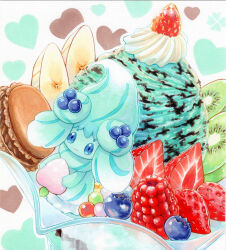  1girl alcremie alcremie_(berry_sweet) alcremie_(mint_cream) banana banana_slice berry_(pokemon) blue_eyes blueberry commentary_request dessert food food-themed_hair_ornament food_focus fruit hair_ornament highres holding ice_cream in_container kiwi_(fruit) kiwi_slice long_hair macaron marker_(medium) minimized mint_chocolate pecha_berry pokemon pokemon_(creature) raspberry solo strawberry strawberry_slice sundae sweets traditional_media whipped_cream yuka_(yukaaaaaaa0705) 