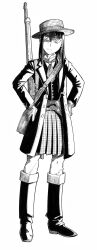  1girl ascot bag bandolier belt bob_cut boots coat commentary_request expressionless full_body gloves greyscale gun gun_on_back hands_on_own_hips head_tilt highres hime_cut knee_boots monochrome nagato_mikasa original pants pants_under_skirt plaid_clothes plaid_skirt pleated_skirt rifle ringed_eyes skirt solo traditional_media weapon weapon_on_back 