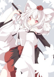  1girl :d animal_ears arm_up black_skirt breasts commentary_request daidai_ookami detached_sleeves grey_background hat highres holding inubashiri_momiji large_breasts long_hair long_sleeves looking_at_viewer looking_to_the_side mini_hat red_eyes red_hat skirt smile solo tail tokin_hat touhou white_hair white_sleeves wide_sleeves wolf_ears wolf_girl wolf_tail 