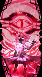  1girl absurdres arm_rest blue_archive coat commentary_request dark_persona eye_of_horus face_in_shadow feet_out_of_frame floating_hair glowing hand_up highres hoshino_(blue_archive) hoshino_terror_(blue_archive) legs_apart long_sleeves mioshi_(vixis340) official_alternate_costume official_alternate_hair_length official_alternate_hairstyle outline pleated_skirt red_theme short_hair skirt solo standing white_outline 