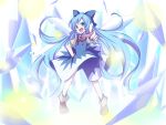 1girl :d alternate_hair_length alternate_hairstyle blue_eyes blue_hair bow cirno dress foreshortening hair_bow hand_on_hip haru_aki ice long_hair looking_at_viewer open_mouth pointing smile solo standing touhou very_long_hair wings