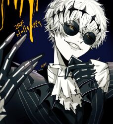  1boy bishounen black_crown crown formal halloween jack_skellington jacket long_sleeves looking_at_viewer male_focus nene111315 orange_eyes pinstripe_pattern pinstripe_suit round_eyewear shirt short_hair skeleton skeleton_print smile smirk solo stitches striped_clothes striped_jacket suit sunglasses the_nightmare_before_christmas twisted_wonderland upper_body white_hair 