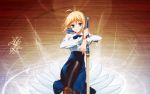  1girl ahoge artoria_pendragon_(all) background_text blonde_hair blouse caliburn fate/stay_night fate_(series) green_eyes hair_ribbon ribbon saber skirt solo sword weapon 