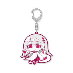  1girl character_charm charm_(object) chibi chibi_only cup dress earrings fish_earrings flower grey_hair hair_flower hair_ornament harushi_mube hat holding holding_cup ix_(lower) jewelry looking_at_viewer lower_(vocaloid) official_art red_eyes side_slit single_earring sleeves_past_fingers sleeves_past_wrists smile solo unworn_hat unworn_headwear white_dress white_hair witch_hat 