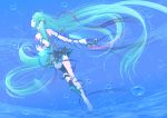  1girl aqua_hair barefoot blue_hair digital_dissolve dissolving_clothes hata_hata hatsune_miku headphones headset highres legs lips long_hair skirt solo thighhighs twintails underwater very_long_hair vocaloid water 