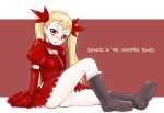  1girl blonde_hair blush boots copyright_name dance_in_the_vampire_bund dress elbow_gloves fang gloves long_hair mina_tepes red_background red_eyes ribbon sitting solo twintails vt 