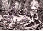  cup doughnut flower food highres hong_meiling izayoi_sakuya koakuma maid monochrome mouth_hold nobita pastry patchouli_knowledge reading remilia_scarlet rose spot_color table tea_set teapot tiered_tray touhou tray wink 