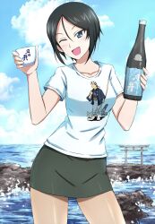  1girl alcohol black_hair blue_eyes blue_sky bottle chouno_ami clouds cloudy_sky commentary contrapposto cowboy_shot cup day girls_und_panzer green_skirt head_tilt highres holding holding_bottle holding_cup horizon looking_at_viewer miniskirt ocean omachi_(slabco) one_eye_closed ooarai_(ibaraki) open_mouth outdoors pencil_skirt print_shirt sake sake_bottle sheer_pantyhose shirt short_hair skirt sky smile solo standing swept_bangs t-shirt torii white_shirt 