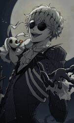  1boy bishounen black_crown black_gloves bone crown dog foreshortening formal full_moon gloves halloween highres humanization jack_skellington jacket long_sleeves looking_at_viewer male_focus moon open_mouth pinstripe_pattern pinstripe_suit red_eyes ribs round_eyewear short_hair skeleton skeleton_print smile solo spirit sssawara_z stitches striped_clothes striped_jacket suit sunglasses the_nightmare_before_christmas twisted_wonderland zero_(the_nightmare_before_christmas) 