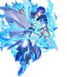  1boy attack aura blue_cape blue_eyes blue_hair cape fire_emblem fire_emblem:_genealogy_of_the_holy_war fire_emblem_engage fire_emblem_heroes glowing highres holding holding_polearm holding_weapon non-web_source open_mouth polearm sigurd_(fire_emblem) solo spear transparent_background v-shaped_eyebrows weapon 