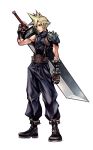  1boy absurdres blonde_hair blue_eyes boots buster_sword closed_mouth cloud_strife dissidia_final_fantasy extraction final_fantasy final_fantasy_vii full_body gloves highres holding holding_sword holding_weapon looking_away male nomura_tetsuya official_art pauldrons shoulder_armor simple_background single_pauldron sleeveless sleeveless_turtleneck solo spiked_hair standing sword transparent_background turtleneck weapon 