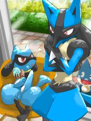  black_eyes black_hair drooling evolutionary_line food highres holding ice_cream ice_cream_cone lucario munchlax no_humans open_mouth piora pokemon pokemon_(creature) red_eyes riolu sitting spikes window 