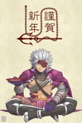  1boy abs alcohol blue_eyes chousokabe_motochika_(sengoku_basara) cup full_body gloves grey_hair highres holding holding_cup indian_style jacket jacket_on_shoulders light_brown_background looking_at_viewer male_focus manojimerser purple_gloves purple_jacket sakazuki sake sengoku_basara short_hair simple_background sitting smirk solo spiky_hair toned toned_male 