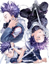  1boy arms_up barefoot black_gloves black_pants boku_no_hero_academia boots bound commentary_request gloves herovvvzzz highres jitome long_scarf long_sleeves male_focus multicolored_clothes multiple_views open_mouth pants parted_lips purple_hair scarf shinsou_hitoshi short_hair simple_background solo superhero_costume sweat sweatdrop teeth tied_up_(nonsexual) upper_teeth_only upside-down violet_eyes white_background white_footwear white_scarf 