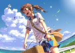  animal bad_id bicycle bike bird blush brown_eyes brown_hair cloud face happy ocean original pairan pocari_sweat short_hair short_twintails shorts sky sparkle teeth twintails water 