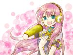  armband blue_eyes detached_sleeves hand_on_chest hand_on_headphones headphones long_hair megurine_luka nail_polish open_mouth pink_hair vocaloid 