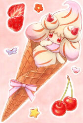  1girl alcremie alcremie_(ruby_swirl) alcremie_(strawberry_sweet) border bow cherry commentary_request food food-themed_hair_ornament fruit hair_ornament heart ice_cream_cone long_hair marker_(medium) minimized pink_background pokemon pokemon_(creature) red_eyes ribbon solo strawberry strawberry_hair_ornament strawberry_slice sweets traditional_media white_border yuka_(yukaaaaaaa0705) 