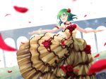  dress duplicate dutch_angle flower frilly_dress gown green_eyes green_hair gumi hair_flower highres kazashino open_mouth outstretched_arms petals rose short_hair spread_arms vocaloid wrist_cuffs 