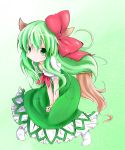  1girl bow colored ex-keine green_eyes green_hair highres horns kamishirasawa_keine long_hair looking_at_viewer smile solo sugiaki tail touhou 