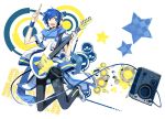  blue_eyes blue_hair guitar headphones headset highres instrument kaito male musical_note scarf short_hair smile solo verus vocaloid 