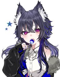  1girl absurdres animal_ear_fluff animal_ears black_jacket blue_hair blue_nails candy collared_shirt food fur-trimmed_jacket fur_trim herz_25 highres holding holding_candy holding_food holding_lollipop ichinose_uruha ichinose_uruha_(4th_costume) jacket lollipop long_hair long_sleeves looking_at_viewer lupinus_virtual_games multicolored_hair nail_polish off_shoulder open_mouth shirt sleeveless sleeveless_shirt sleeves_past_wrists slit_pupils solo star_(symbol) streaked_hair upper_body violet_eyes virtual_youtuber vspo! white_background white_shirt wolf_cut wolf_ears 