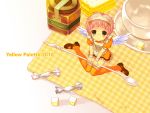  blush candy cup dress fairy glasses honey kneeling looking_up mary_janes minigirl pink_hair shoes short_hair spoon sugar_cube takeda_mika tea thighhighs wings yellow yellow_legwear 