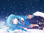 1girl blue_hair eretto hat hinanawi_tenshi lying red_eyes snow solo touhou wallpaper winter