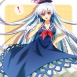  ! 1girl akasata blue_dress breasts dress hand_on_hip hat kamishirasawa_keine large_breasts long_hair looking_at_viewer neckerchief open_mouth puffy_sleeves red_eyes shirt short_sleeves silver_hair solo touhou very_long_hair 