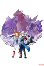  1boy 1girl artist_name black_choker black_footwear black_gloves black_pants blue_coat blue_eyes boots choker coat entei espeon gloves grey_hair highres holding holding_poke_ball long_coat looking_at_viewer miniskirt multicolored_coat open_clothes open_coat orange_hair overlord_jc pants parody pendant_choker pink_coat pink_footwear poke_ball poke_ball_(basic) pokemon pokemon_(creature) pokemon_colosseum pokemon_gsc purple_shirt raikou retro_artstyle rui_(pokemon) shirt simple_background skirt style_parody sugimori_ken_(style) suicune two-tone_coat umbreon wes_(pokemon) white_background white_skirt 
