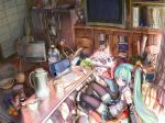  amazon_(company) aqua_eyes aqua_hair bag banana chopsticks computer cup detached_sleeves digital_media_player food fruit hatsune_miku headphones headset highres ipod kotatsu laptop legs long_hair making_of messy_room necktie orange phone playstation_2 pot shirakaba sitting skirt smile solo table television thigh-highs thighhighs twintails very_long_hair vocaloid xbox_360 zettai_ryouiki 