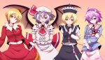  aki_shizuha blonde_hair hair_ornament hairband hat highres komeiji_satori lavender_hair lunasa_prismriver multiple_girls nikka nikka_(cryptomeria) purple_eyes purple_hair red_eyes remilia_scarlet short_hair touhou wink yellow_eyes 