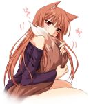 animal_ears bare_shoulders bite biting brown_eyes brown_hair fang holo long_hair long_sleeves ndemotte off_shoulder red_eyes shirt solo spice_and_wolf tail tail_biting tail_fondling tail_hug thighs wolf_ears wolf_tail