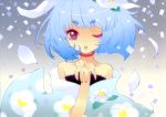  blue_hair dress flower fujitsubo-machine hair_flower hair_ornament highres itou_noiji petals red_eyes scan short_hair wink 