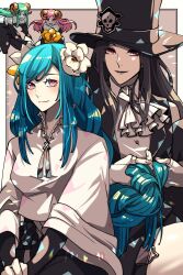  1other 3girls ascot black_dress black_hair black_suit blush braid braided_ponytail crop_top demon_girl dizzy_(guilty_gear) dress formal guilty_gear guilty_gear_strive hat hat_ornament long_hair multiple_girls peko_(opal) queen_dizzy red_eyes sidelocks skull_hat_ornament smile succubus_familiar suit swept_bangs testament_(guilty_gear) top_hat white_ascot wide_sleeves 