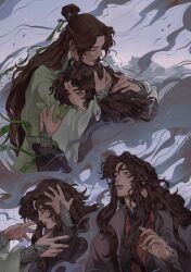  2boys bindi black_hanfu black_nails bracer brown_eyes brown_hair chinese_clothes closed_eyes commentary djuney9 fingernails green_hanfu hair_bun hands_on_own_head hanfu highres hug long_hair long_sleeves looking_up luo_binghe male_focus multiple_boys multiple_views official_art open_mouth parted_lips reaching_towards_another renzha_fanpai_zijiu_xitong ribboned_xiao_guan sharp_fingernails shen_qingqiu smoke surprised symbol-only_commentary upper_body wide-eyed wide_sleeves xiao_guan_(headdress) zuiyin 