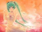  1girl aqua_eyes aqua_hair bare_shoulders blush choker cross dress female green_eyes green_hair hatsune_miku jewelry long_hair looking_at_viewer necklace ribbon sky sleeveless solo sundress sunset twilight twintails very_long_hair vocaloid wallpaper white_dress wind yukinon yukinon_(tsuki_koubou) 