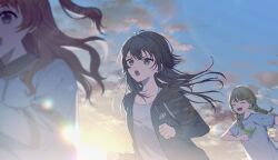  3girls backlighting black_jacket blonde_hair braid brown_hair commentary_request floating_hair fujita_kotone gakuen_idolmaster green_hair hanami_saki highres hood hooded_jacket idolmaster jacket looking_ahead multiple_girls outdoors running sunrise tsukimura_temari twin_braids user_rnje5574 