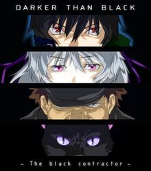  black_cat_(animal) black_hair brown_hair cat close-up cut-in darker_than_black english eyes face haru_(3031) hat hei huang mao_(darker_than_black) parody persona persona_3 persona_eyes purple_eyes red_eyes silver_hair violet_eyes yin 