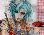  1boy alvaro blue_hair facial_mark food male nail_polish red_eyes sushi wallpaper wand_of_fortune 